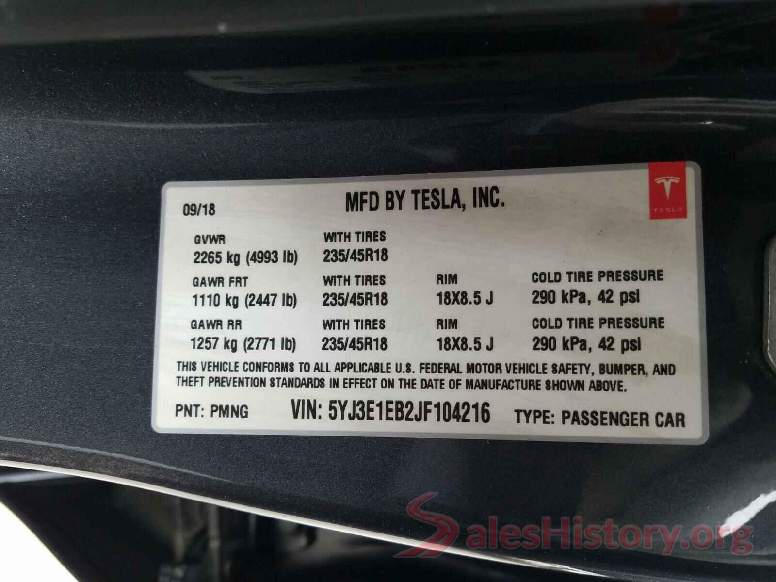 5YJ3E1EB2JF104216 2018 TESLA MODEL 3