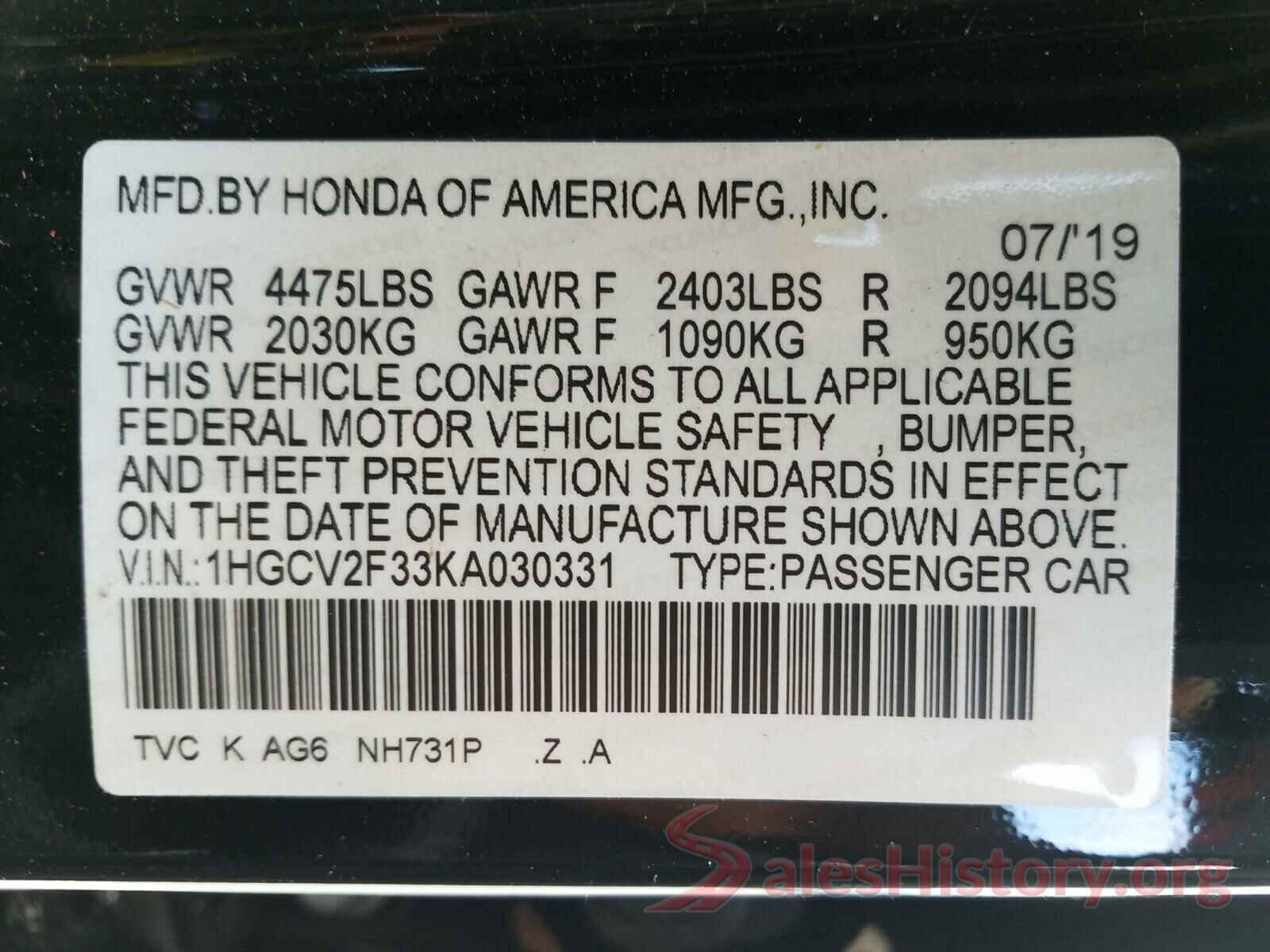 1HGCV2F33KA030331 2019 HONDA ACCORD