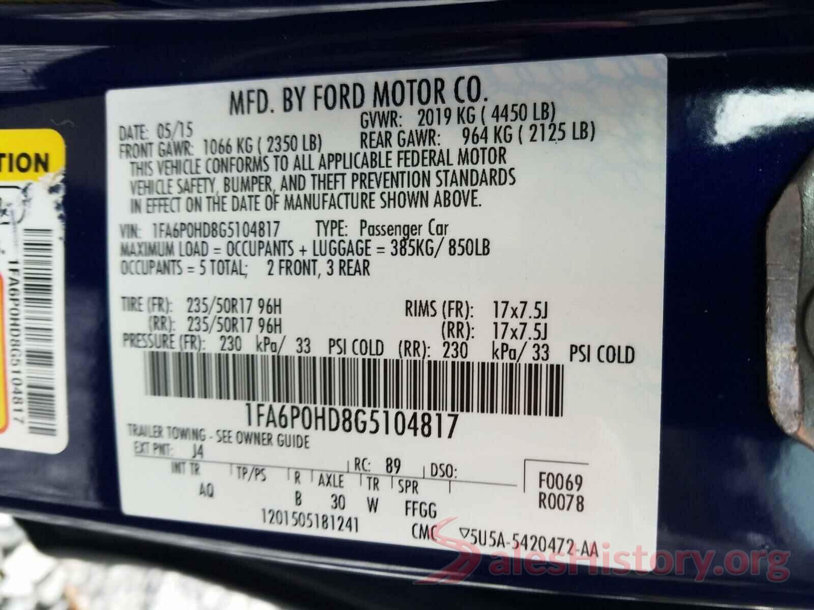 1FA6P0HD8G5104817 2016 FORD FUSION