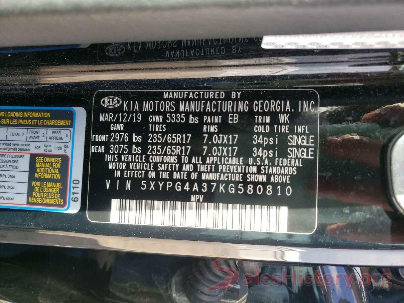 5XYPG4A37KG580810 2019 KIA SORENTO