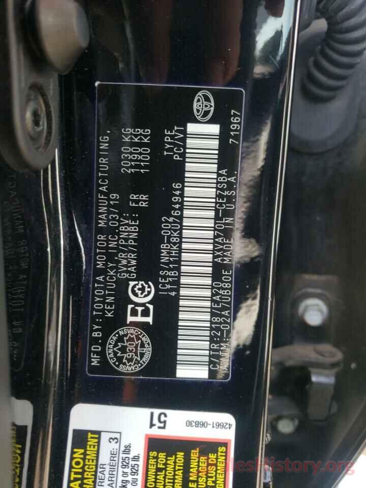 4T1B11HK8KU764946 2019 TOYOTA CAMRY