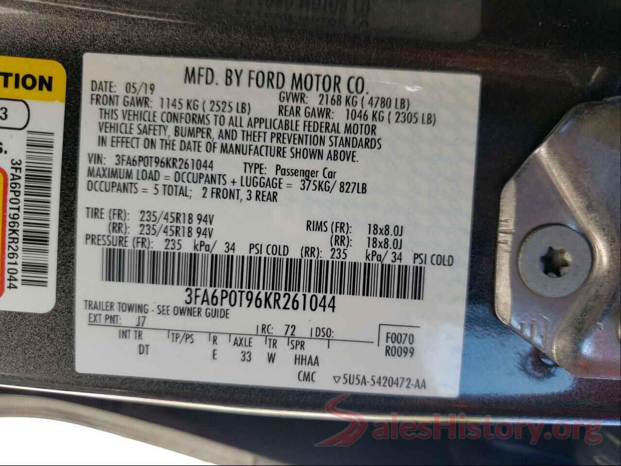 3FA6P0T96KR261044 2019 FORD FUSION