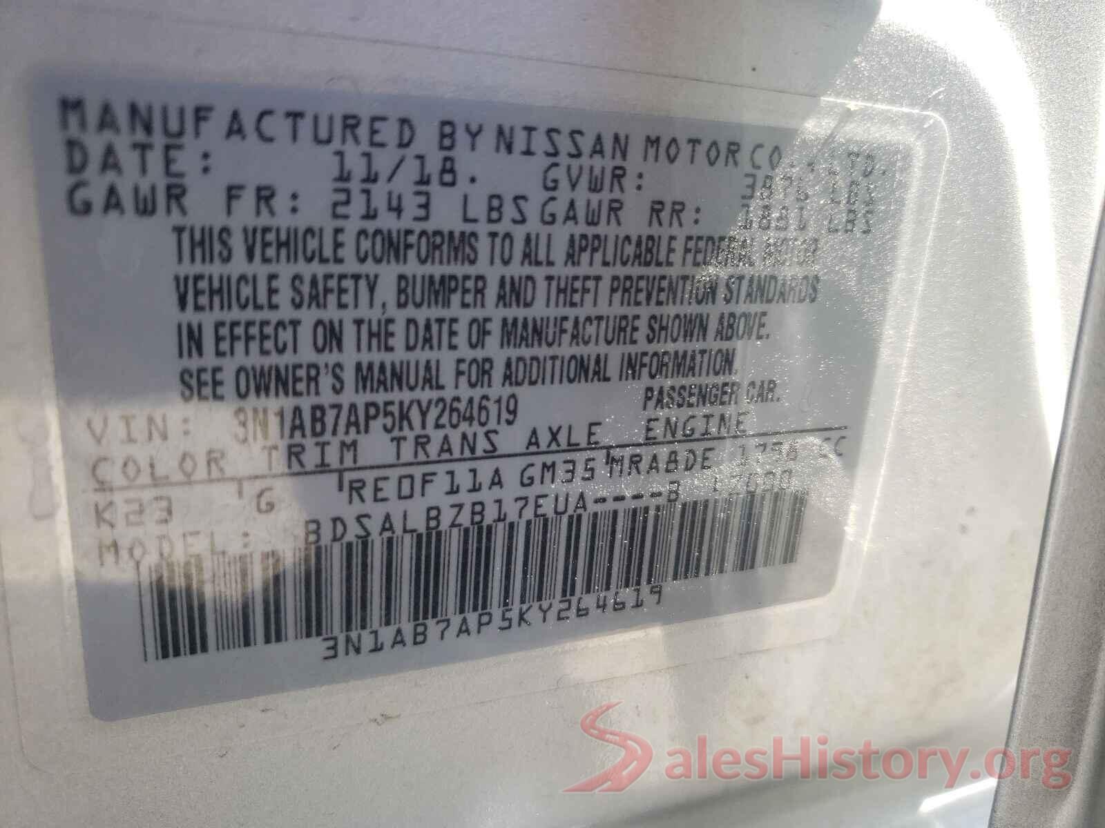 3N1AB7AP5KY264619 2019 NISSAN SENTRA