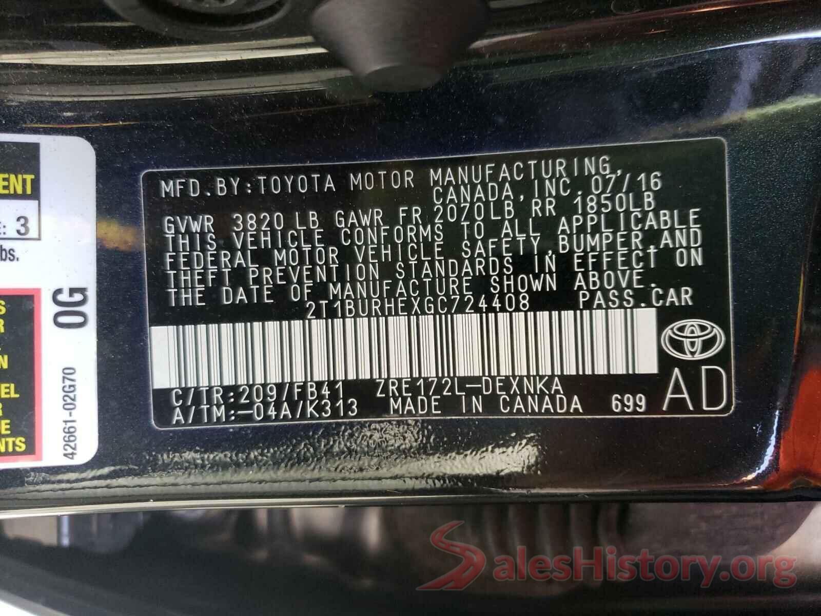 2T1BURHEXGC724408 2016 TOYOTA COROLLA