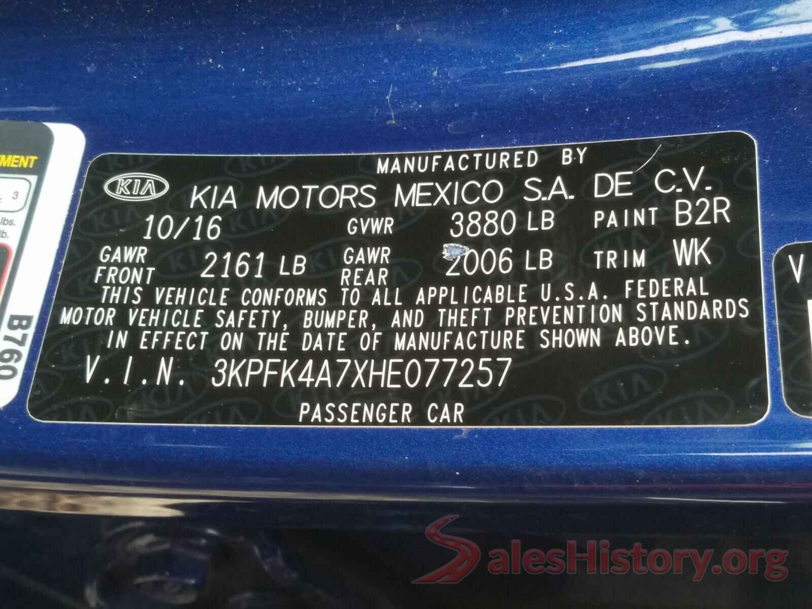 3KPFK4A7XHE077257 2017 KIA FORTE