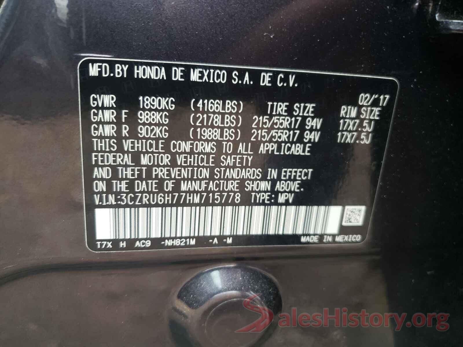 3CZRU6H77HM715778 2017 HONDA HR-V