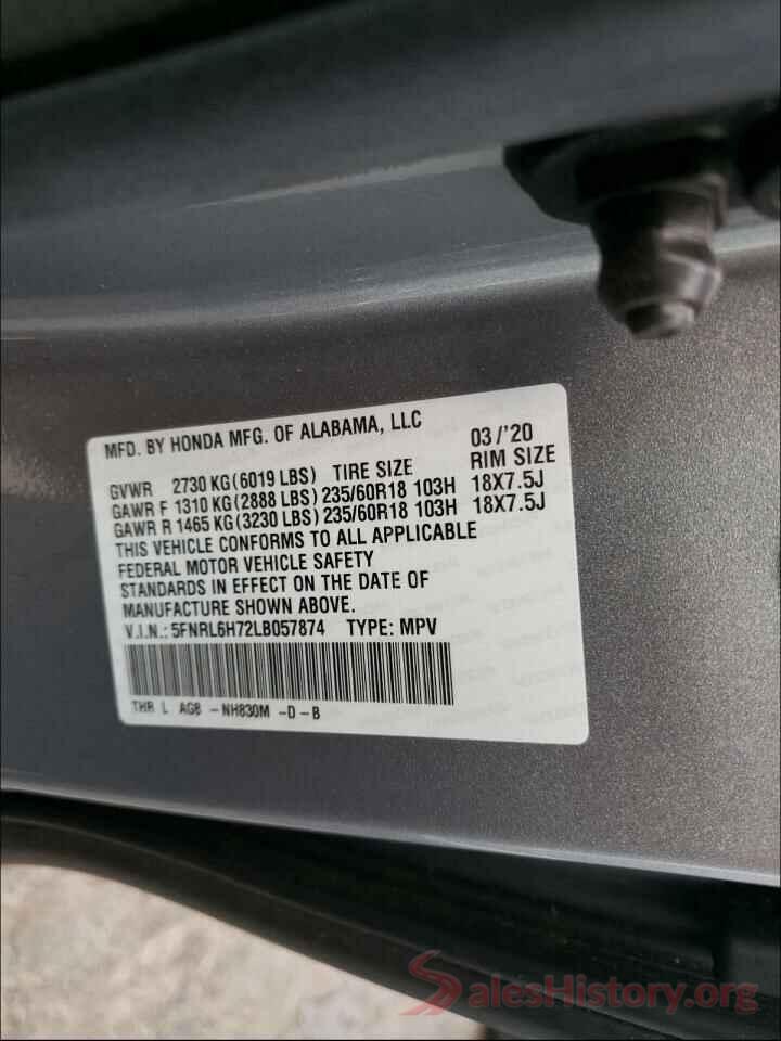 5FNRL6H72LB057874 2020 HONDA ODYSSEY