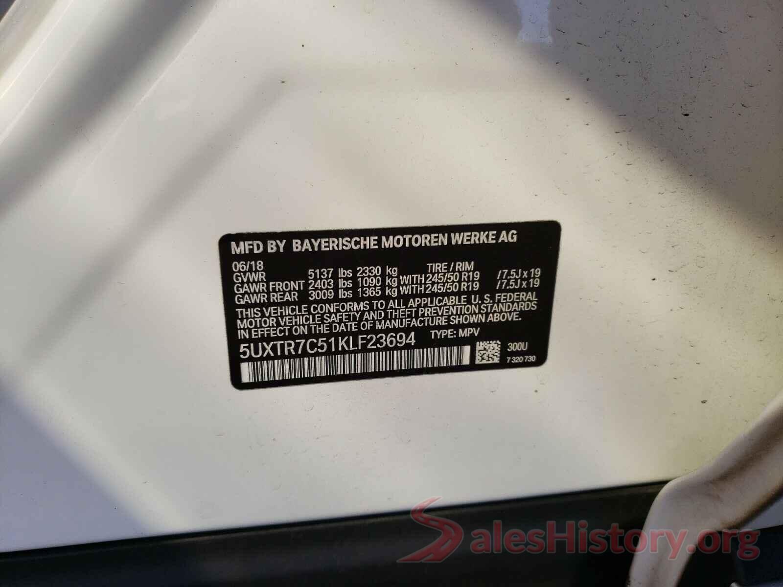 5UXTR7C51KLF23694 2019 BMW X3