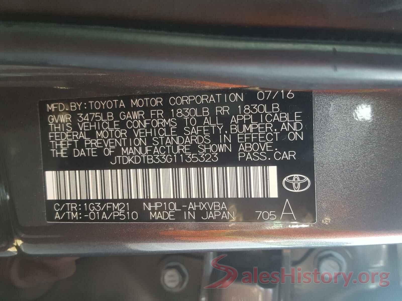 JTDKDTB33G1135323 2016 TOYOTA PRIUS