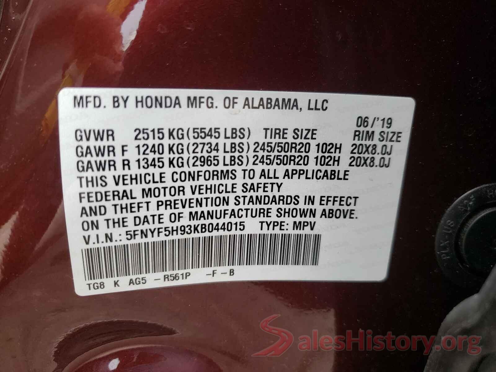 5FNYF5H93KB044015 2019 HONDA PILOT