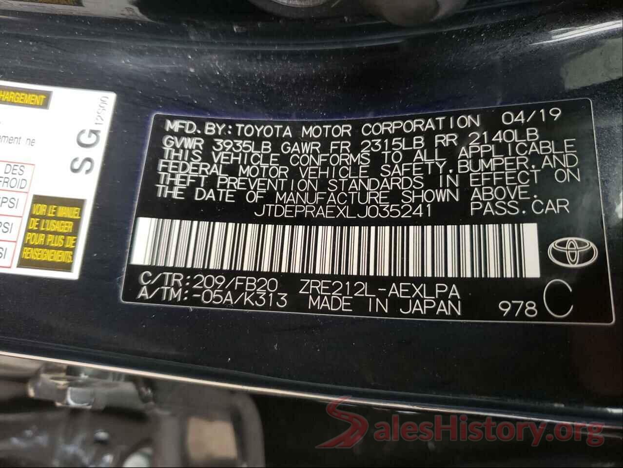 JTDEPRAEXLJ035241 2020 TOYOTA COROLLA