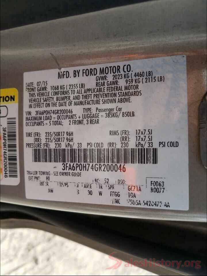 3FA6P0H74GR200046 2016 FORD FUSION