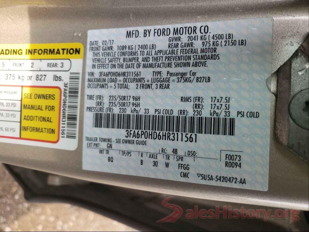 3FA6P0HD6HR311561 2017 FORD FUSION