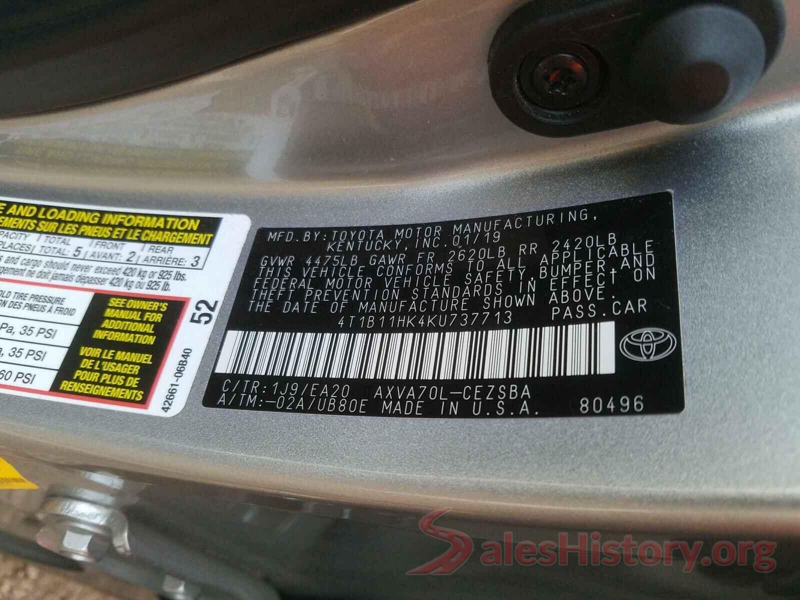 4T1B11HK4KU737713 2019 TOYOTA CAMRY