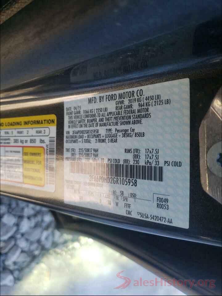 3FA6P0HD2GR105958 2016 FORD FUSION