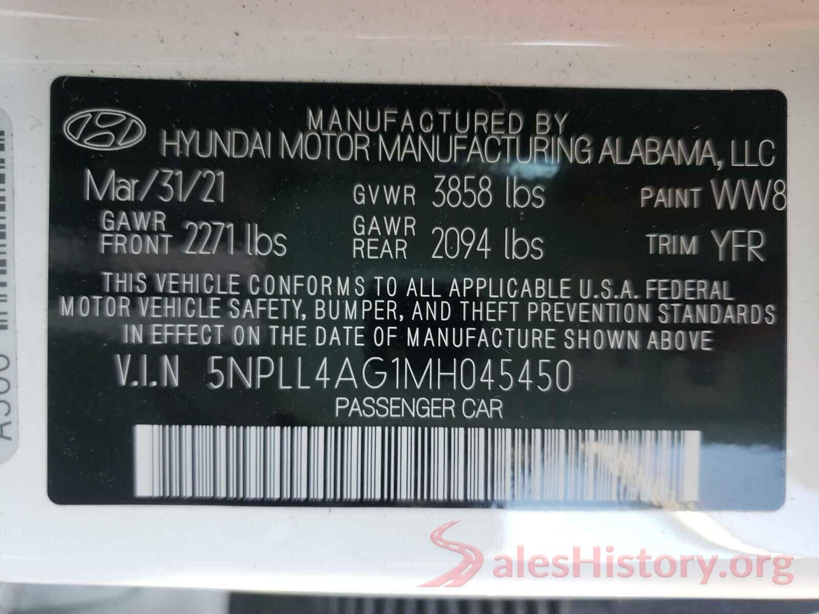 5NPLL4AG1MH045450 2021 HYUNDAI ELANTRA