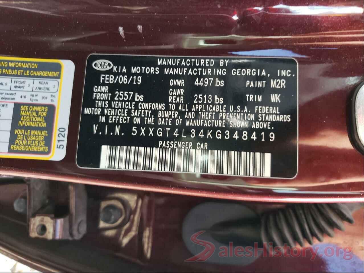 5XXGT4L34KG348419 2019 KIA OPTIMA