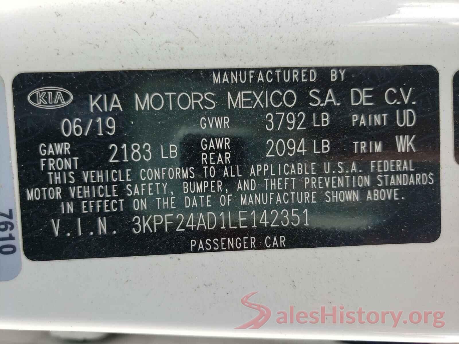 3KPF24AD1LE142351 2020 KIA FORTE