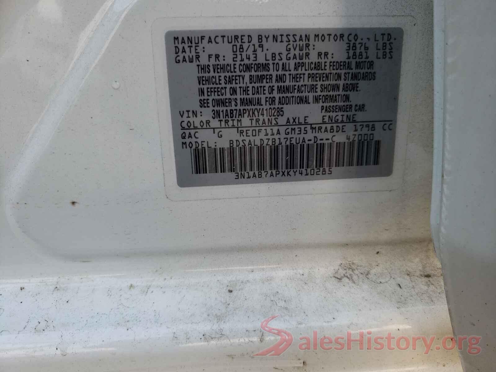 3N1AB7APXKY410285 2019 NISSAN SENTRA