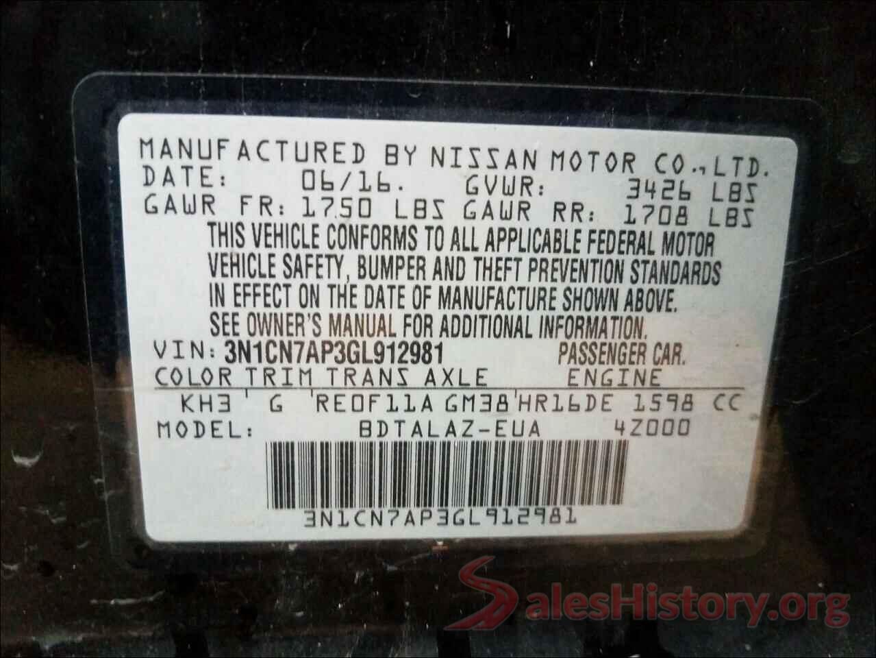 3N1CN7AP3GL912981 2016 NISSAN VERSA