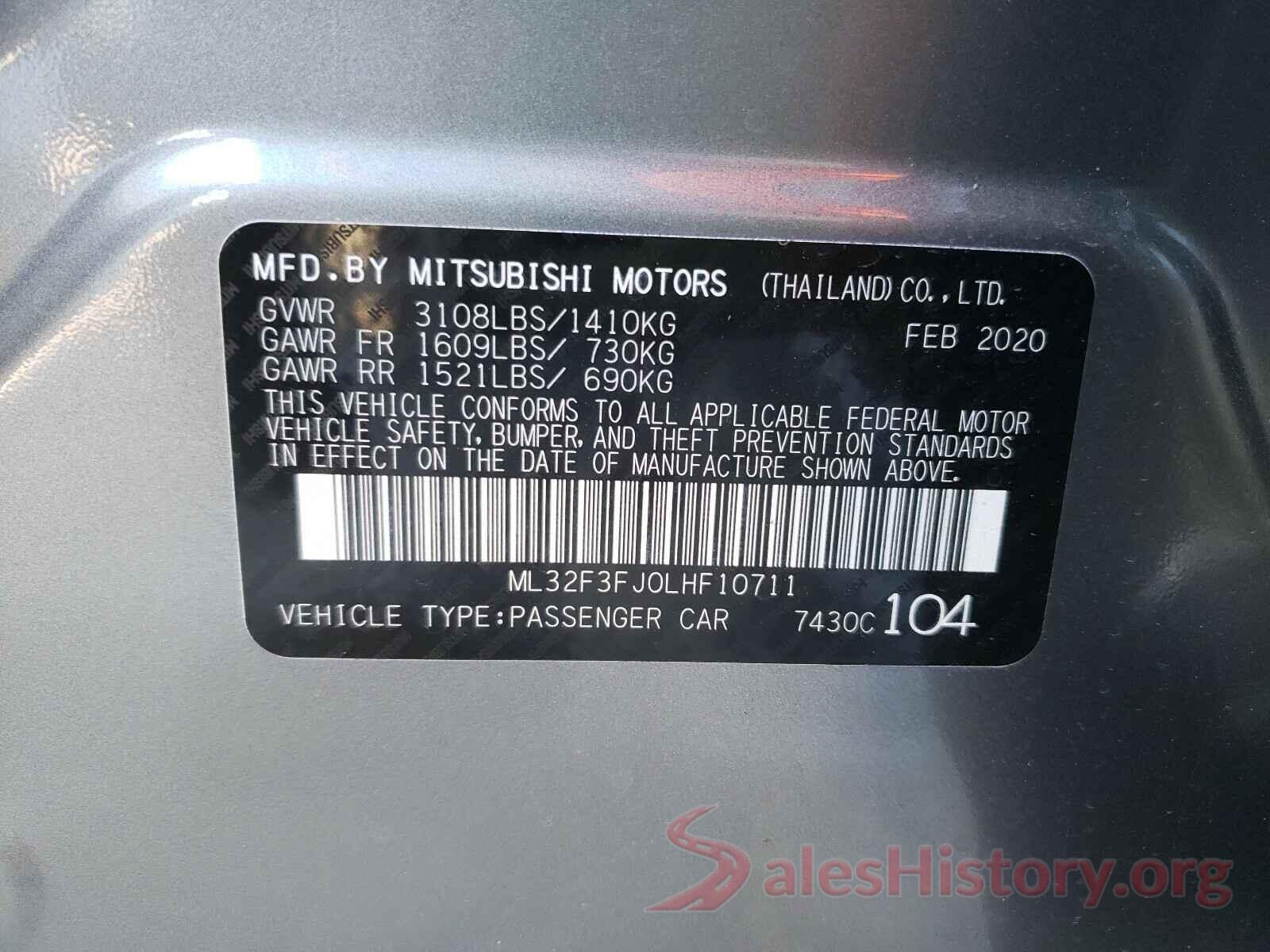 ML32F3FJ0LHF10711 2020 MITSUBISHI MIRAGE