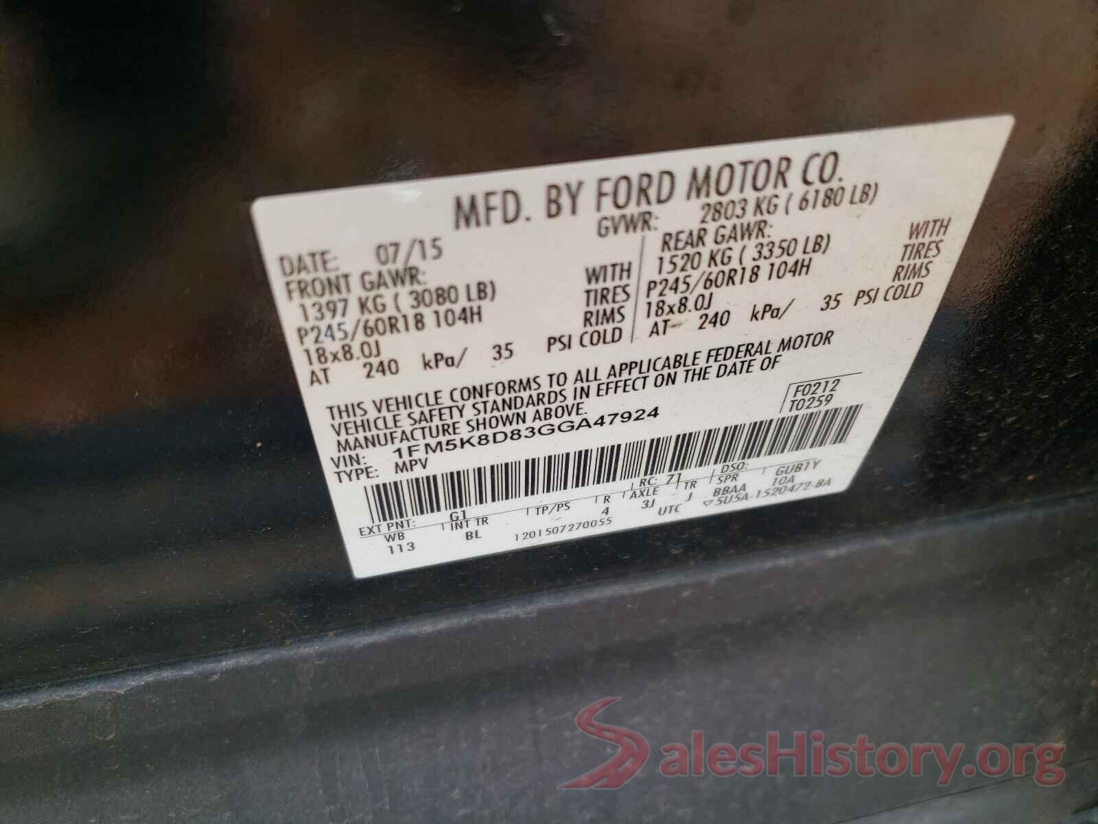 1FM5K8D83GGA47924 2016 FORD EXPLORER