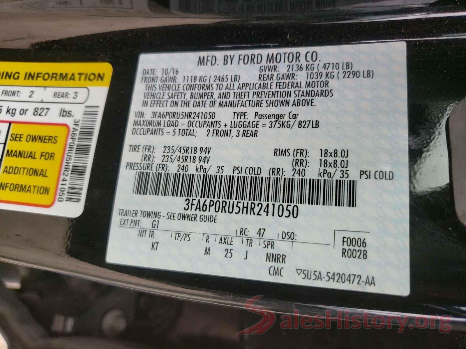 3FA6P0RU5HR241050 2017 FORD FUSION