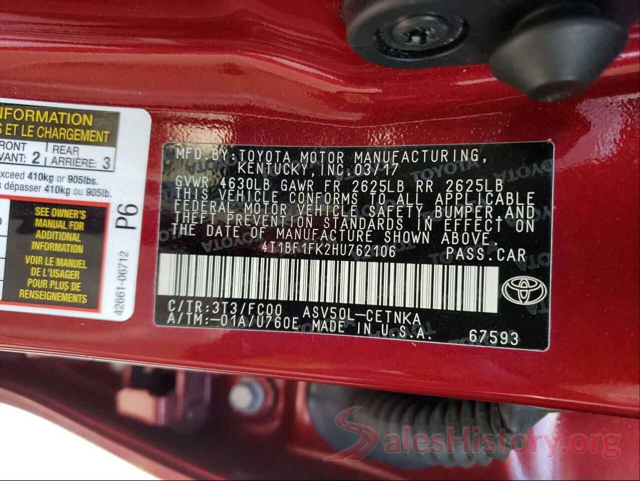 4T1BF1FK2HU762106 2017 TOYOTA CAMRY