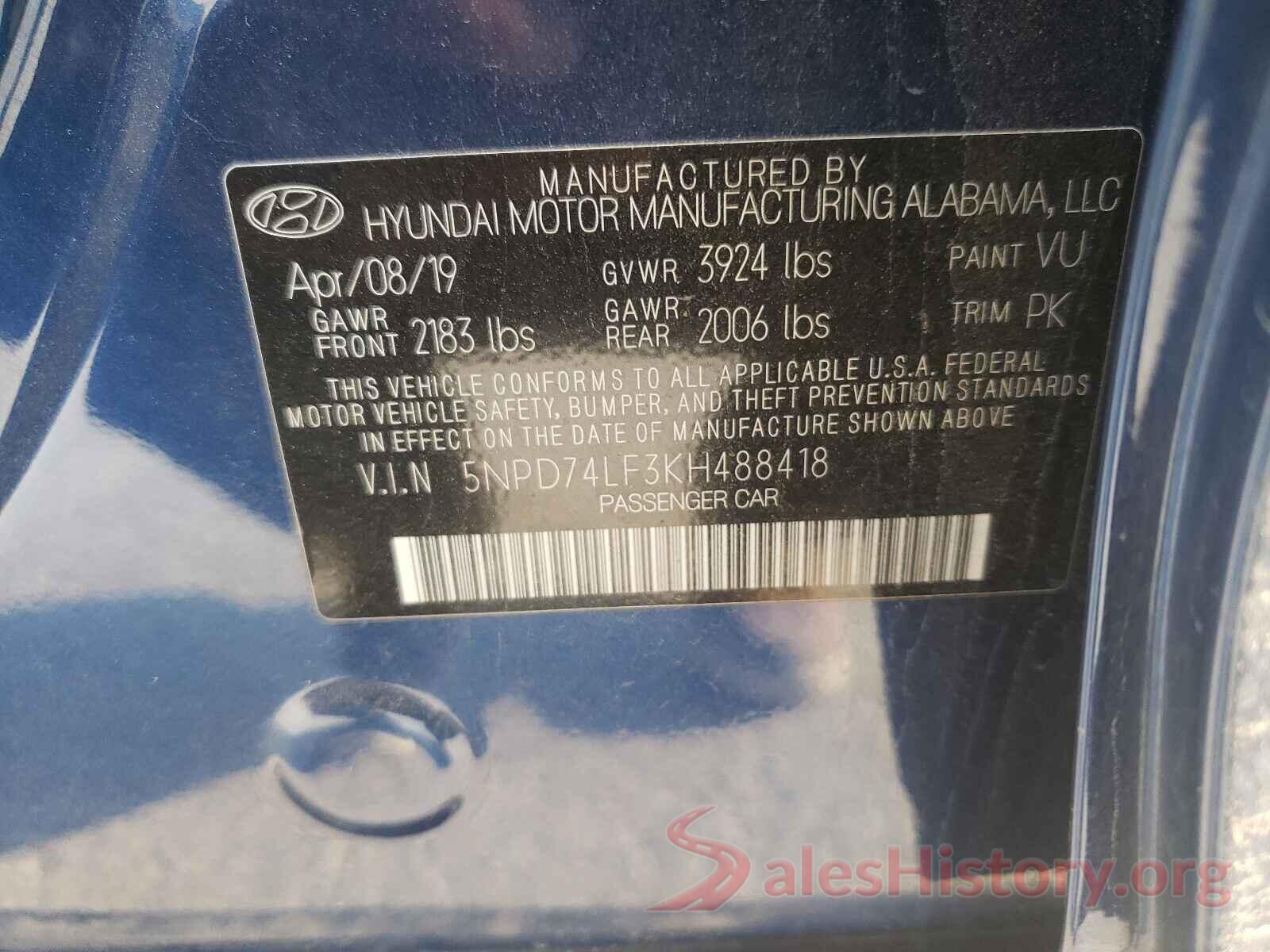 5NPD74LF3KH488418 2019 HYUNDAI ELANTRA