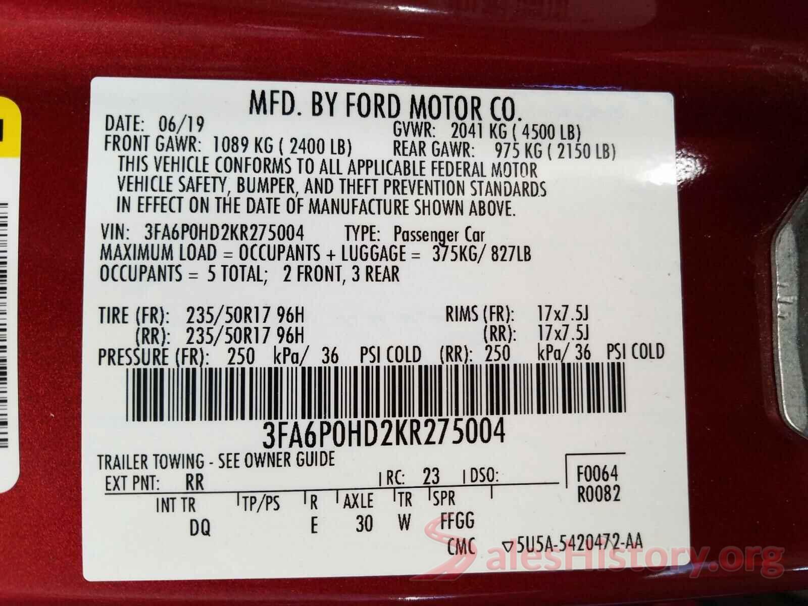 3FA6P0HD2KR275004 2019 FORD FUSION