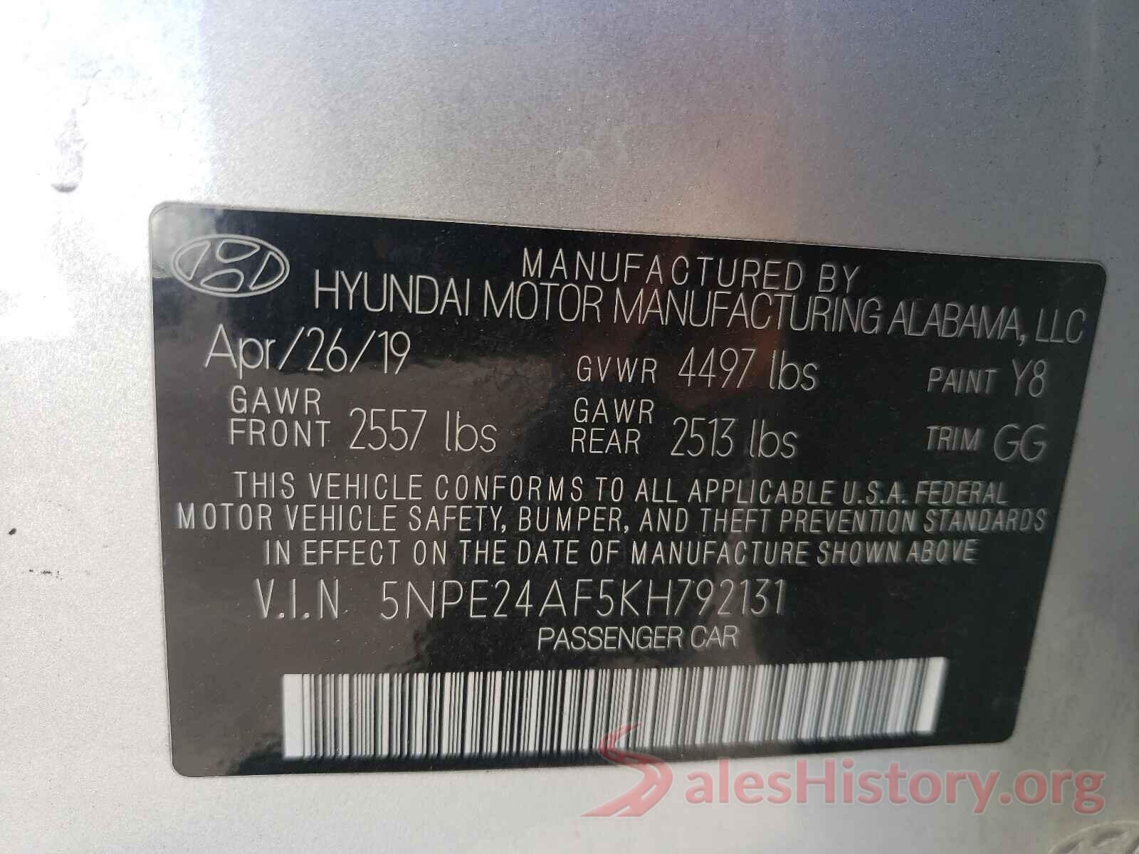 5NPE24AF5KH792131 2019 HYUNDAI SONATA