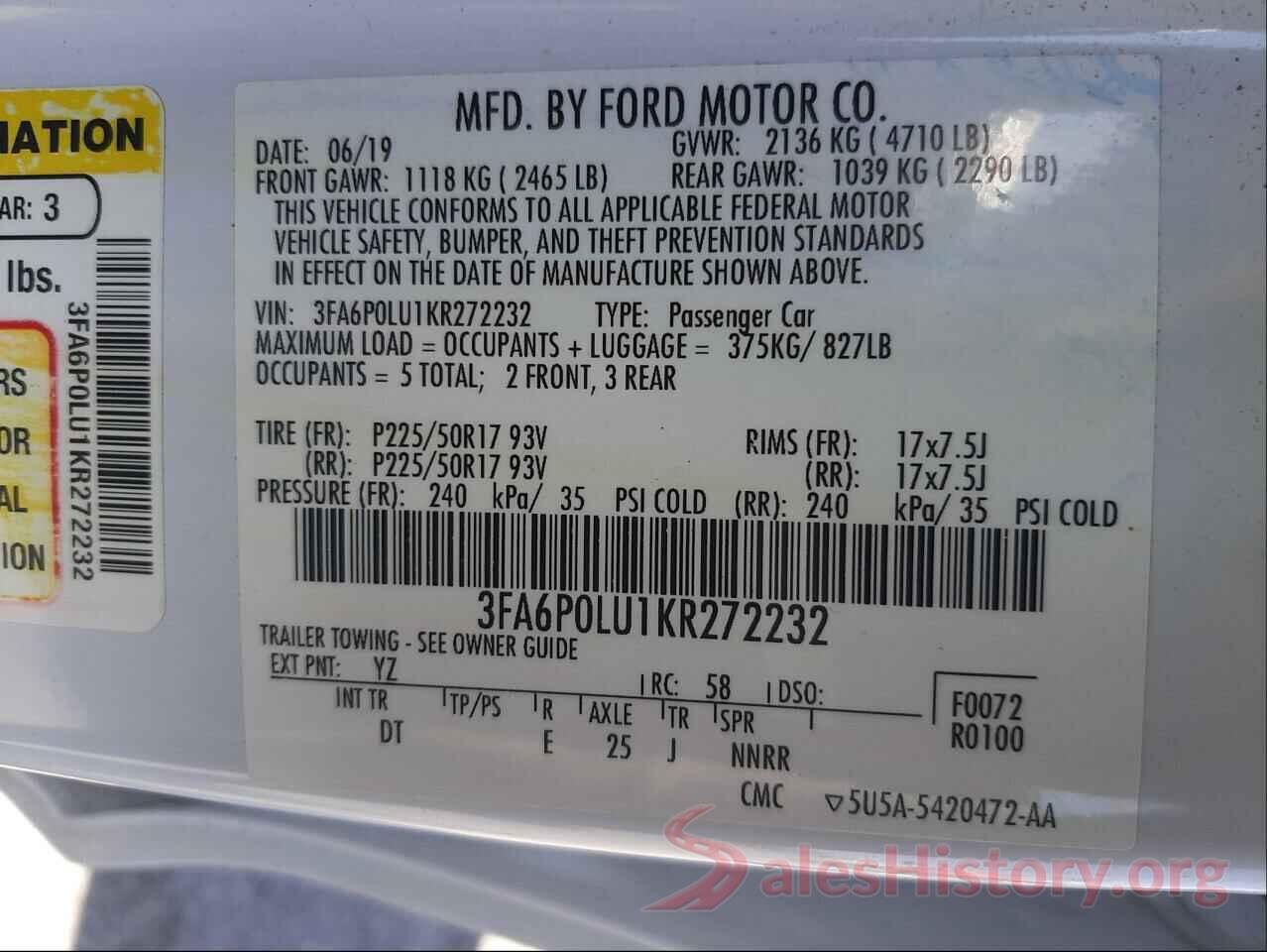 3FA6P0LU1KR272232 2019 FORD FUSION