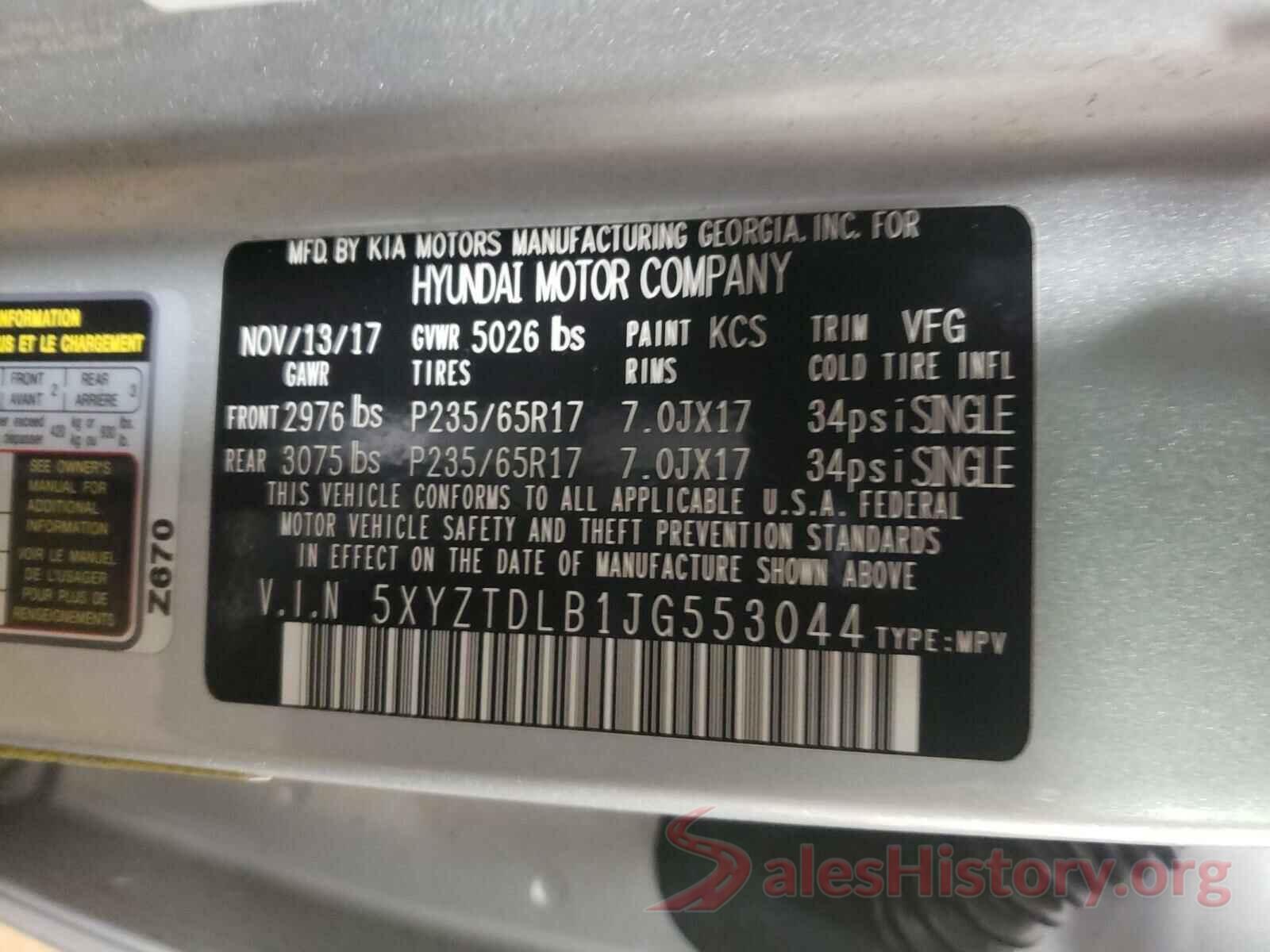 5XYZTDLB1JG553044 2018 HYUNDAI SANTA FE