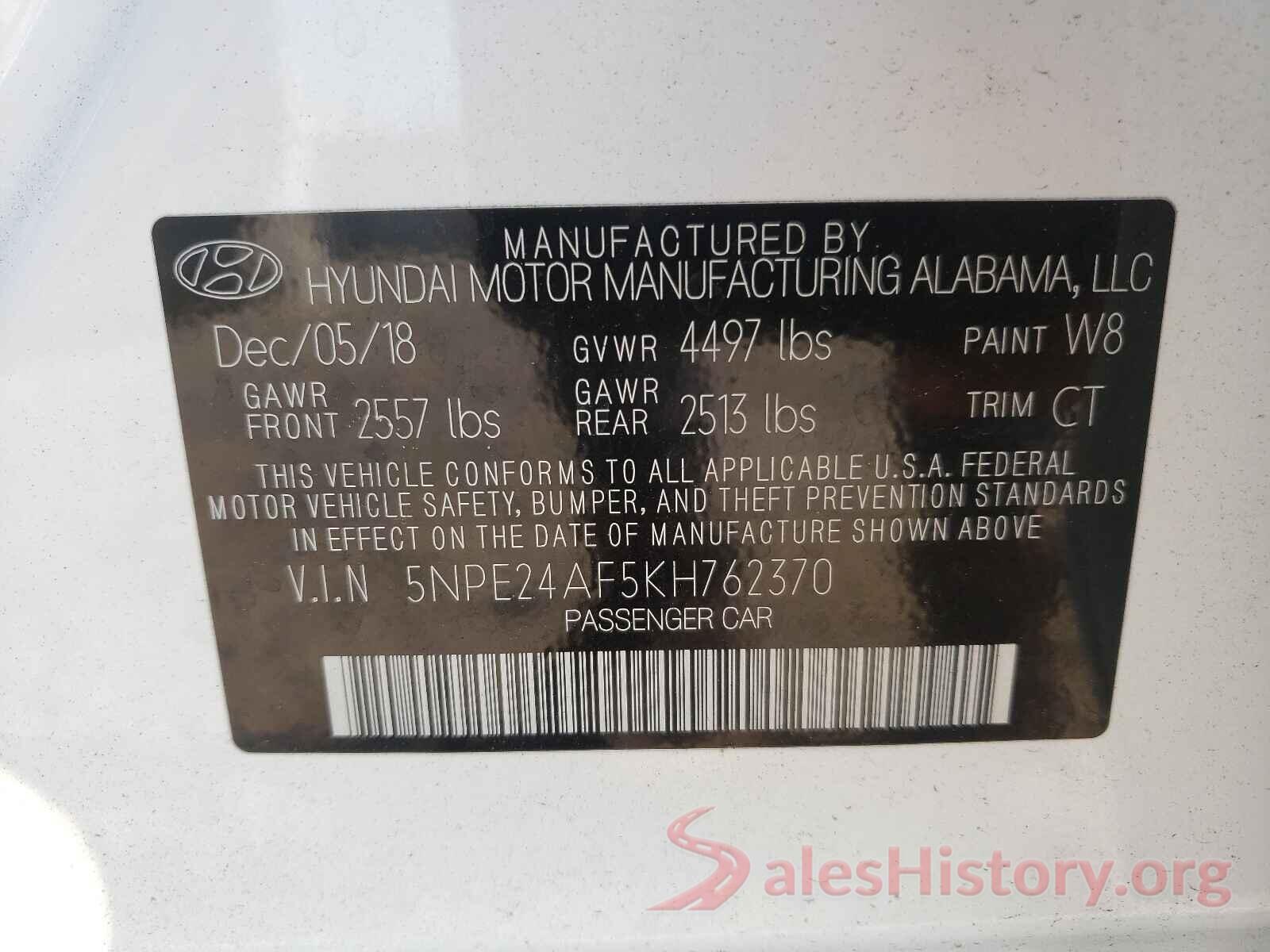 5NPE24AF5KH762370 2019 HYUNDAI SONATA