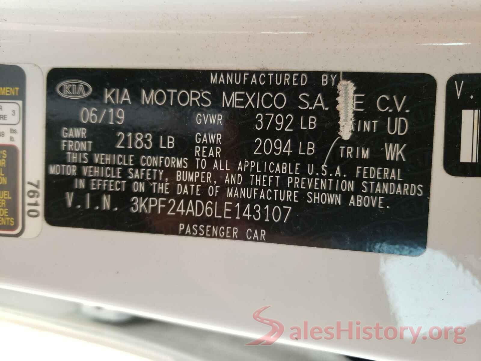 3KPF24AD6LE143107 2020 KIA FORTE