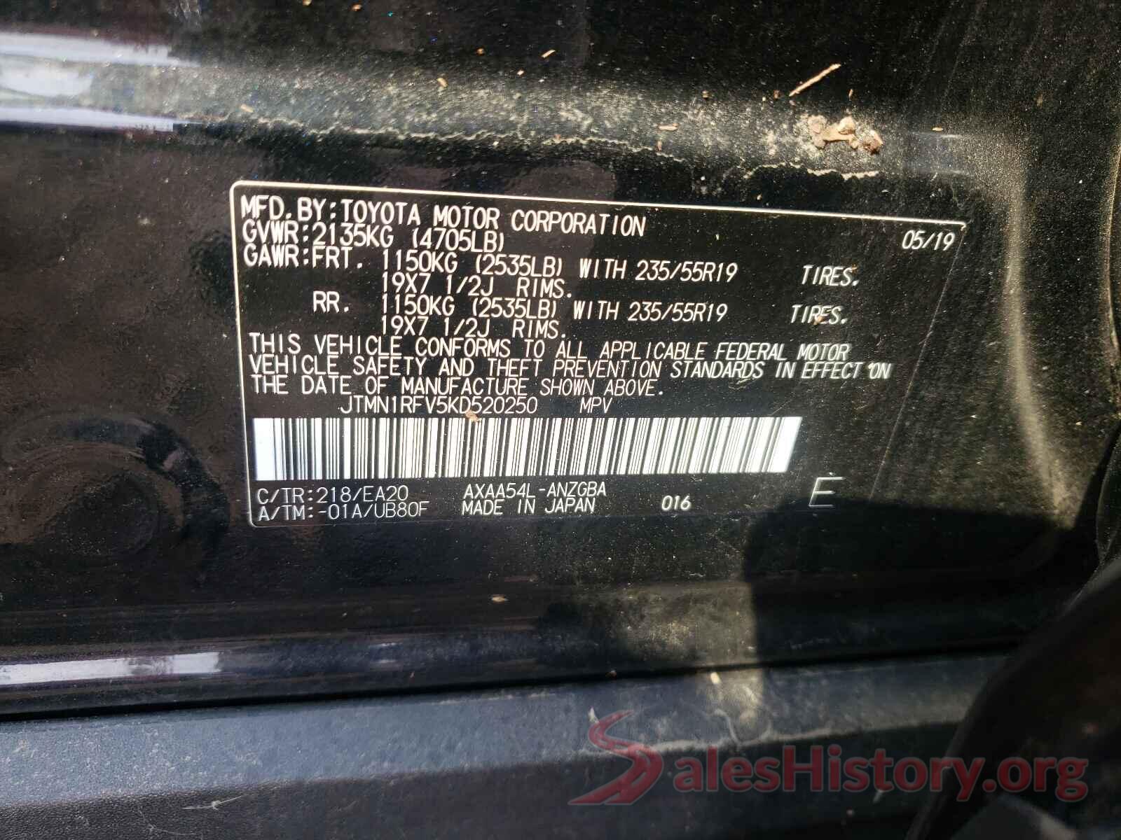 JTMN1RFV5KD520250 2019 TOYOTA RAV4