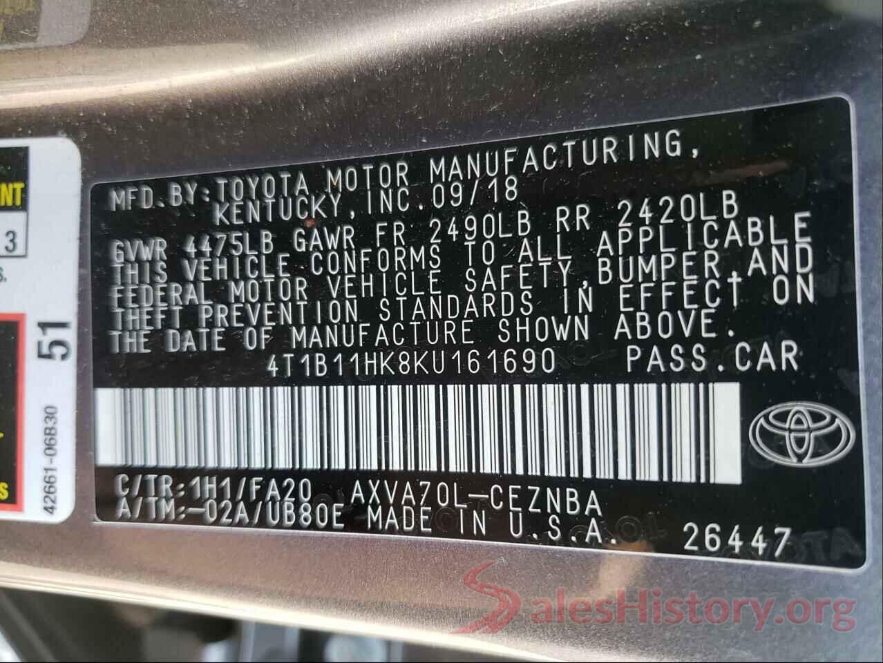 4T1B11HK8KU161690 2019 TOYOTA CAMRY