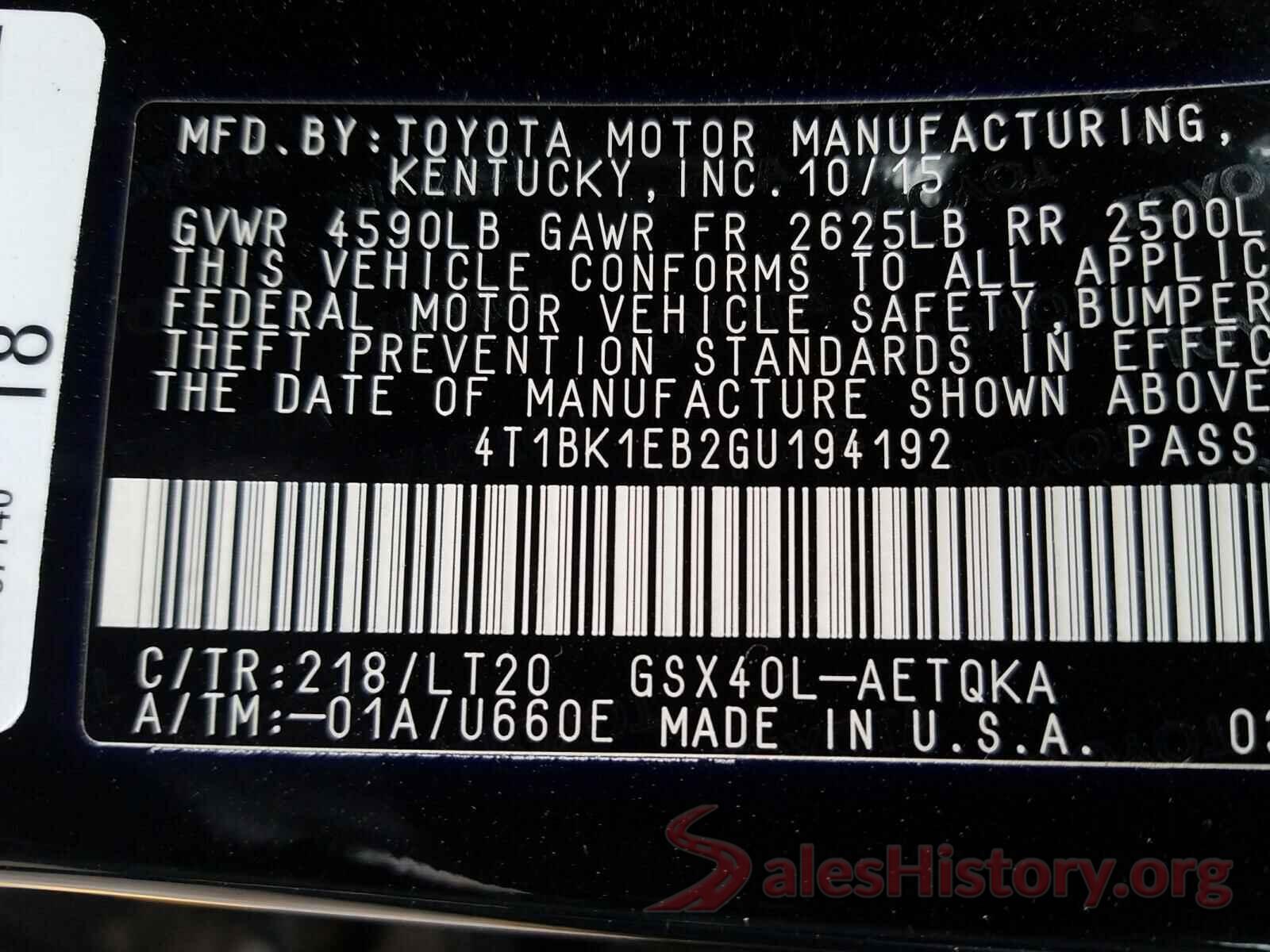 4T1BK1EB2GU194192 2016 TOYOTA AVALON