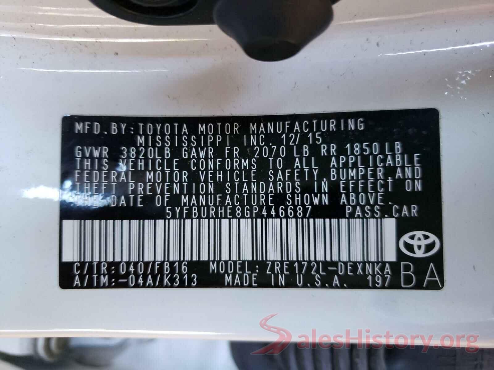 5YFBURHE8GP446687 2016 TOYOTA COROLLA