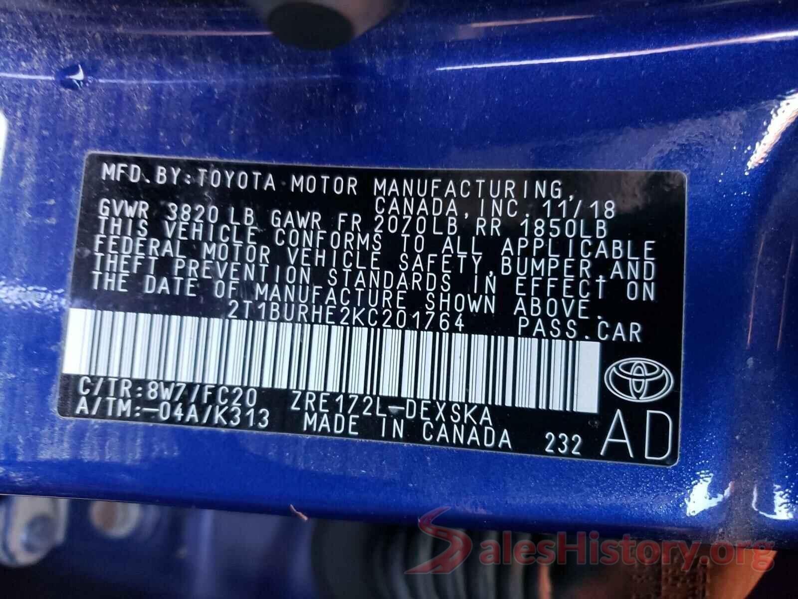 2T1BURHE2KC201764 2019 TOYOTA COROLLA