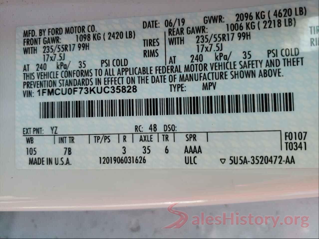 1FMCU0F73KUC35828 2019 FORD ESCAPE