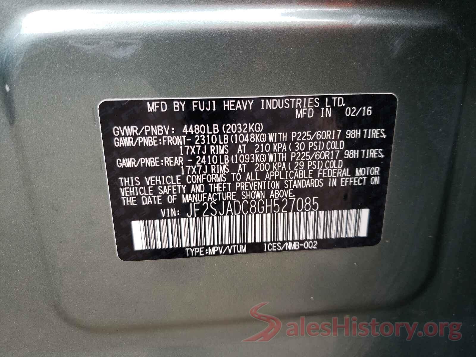 JF2SJADC8GH527085 2016 SUBARU FORESTER