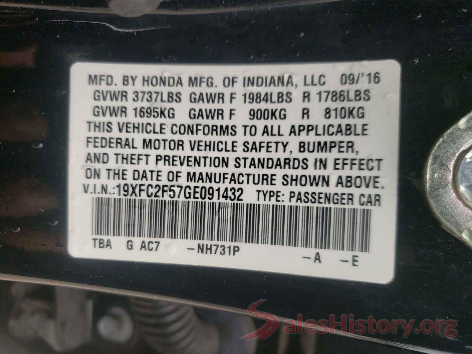 19XFC2F57GE091432 2016 HONDA CIVIC