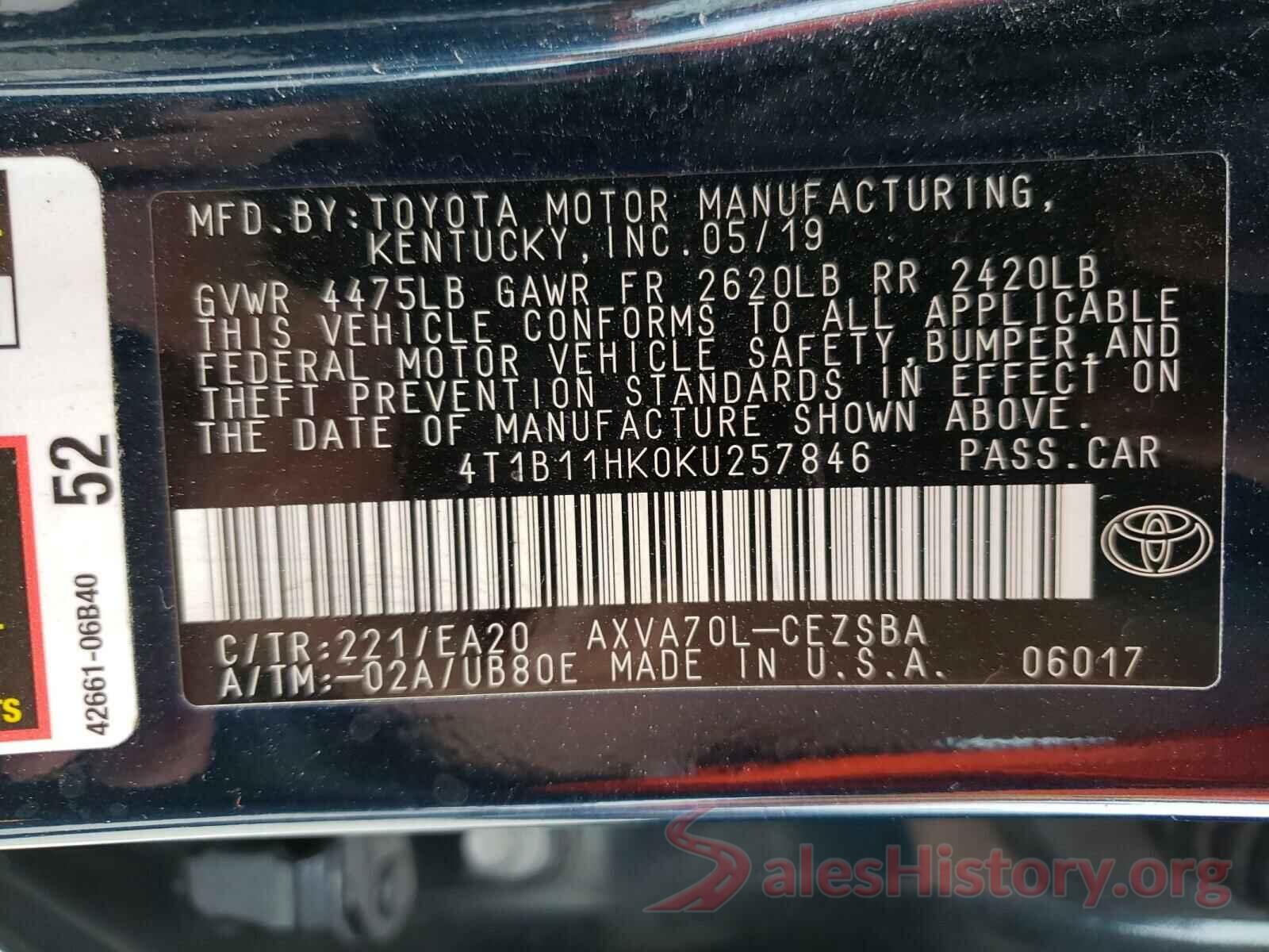 4T1B11HK0KU257846 2019 TOYOTA CAMRY