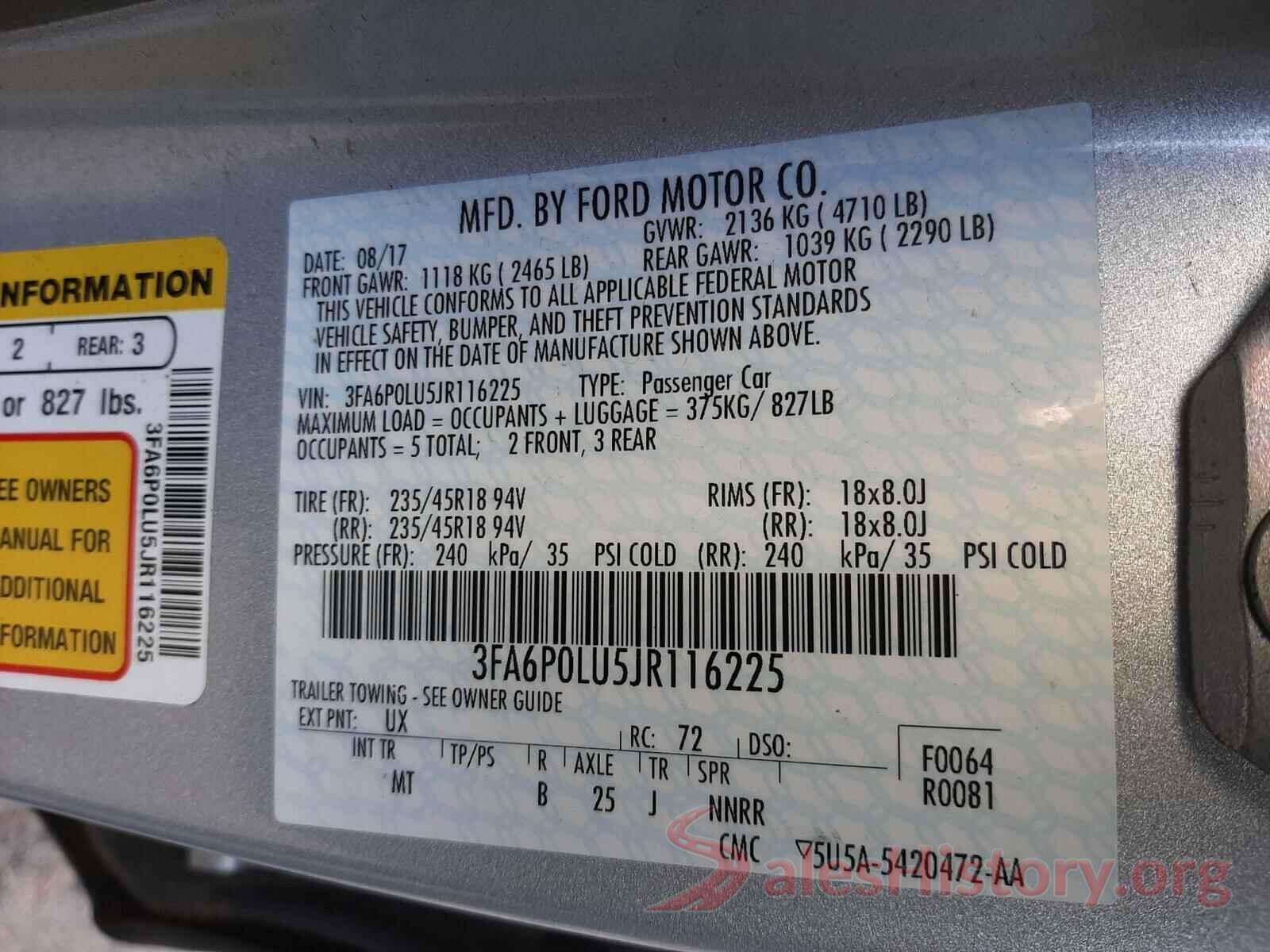 3FA6P0LU5JR116225 2018 FORD FUSION