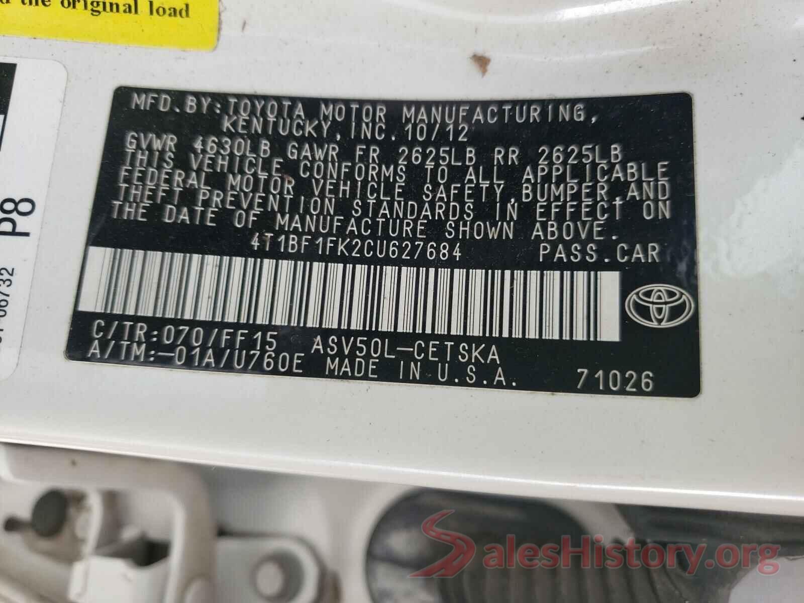 4T1BF1FK2CU627684 2012 TOYOTA CAMRY