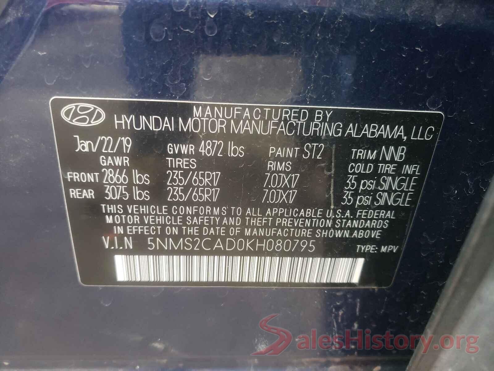 5NMS2CAD0KH080795 2019 HYUNDAI SANTA FE