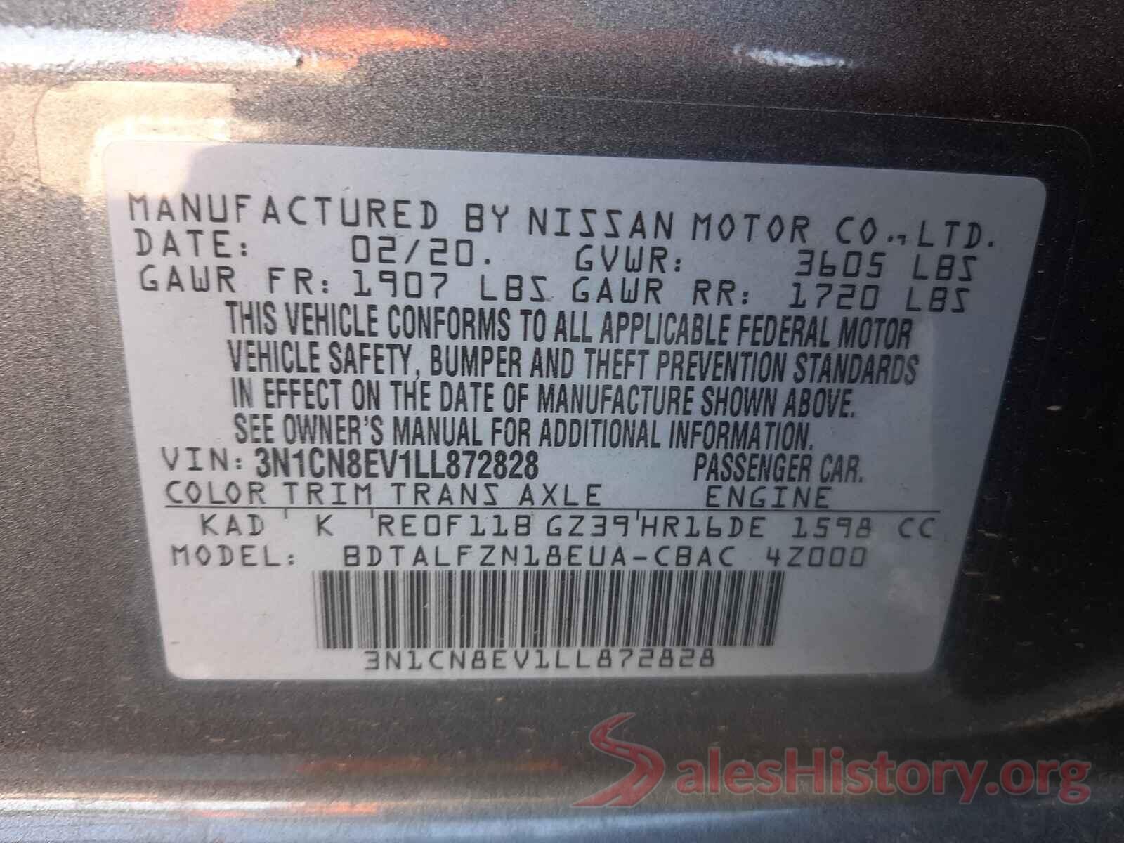 3N1CN8EV1LL872828 2020 NISSAN VERSA