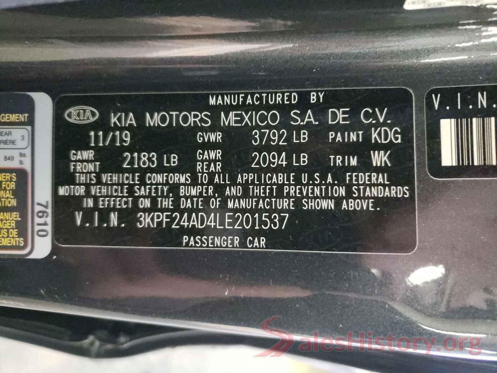 3KPF24AD4LE201537 2020 KIA FORTE