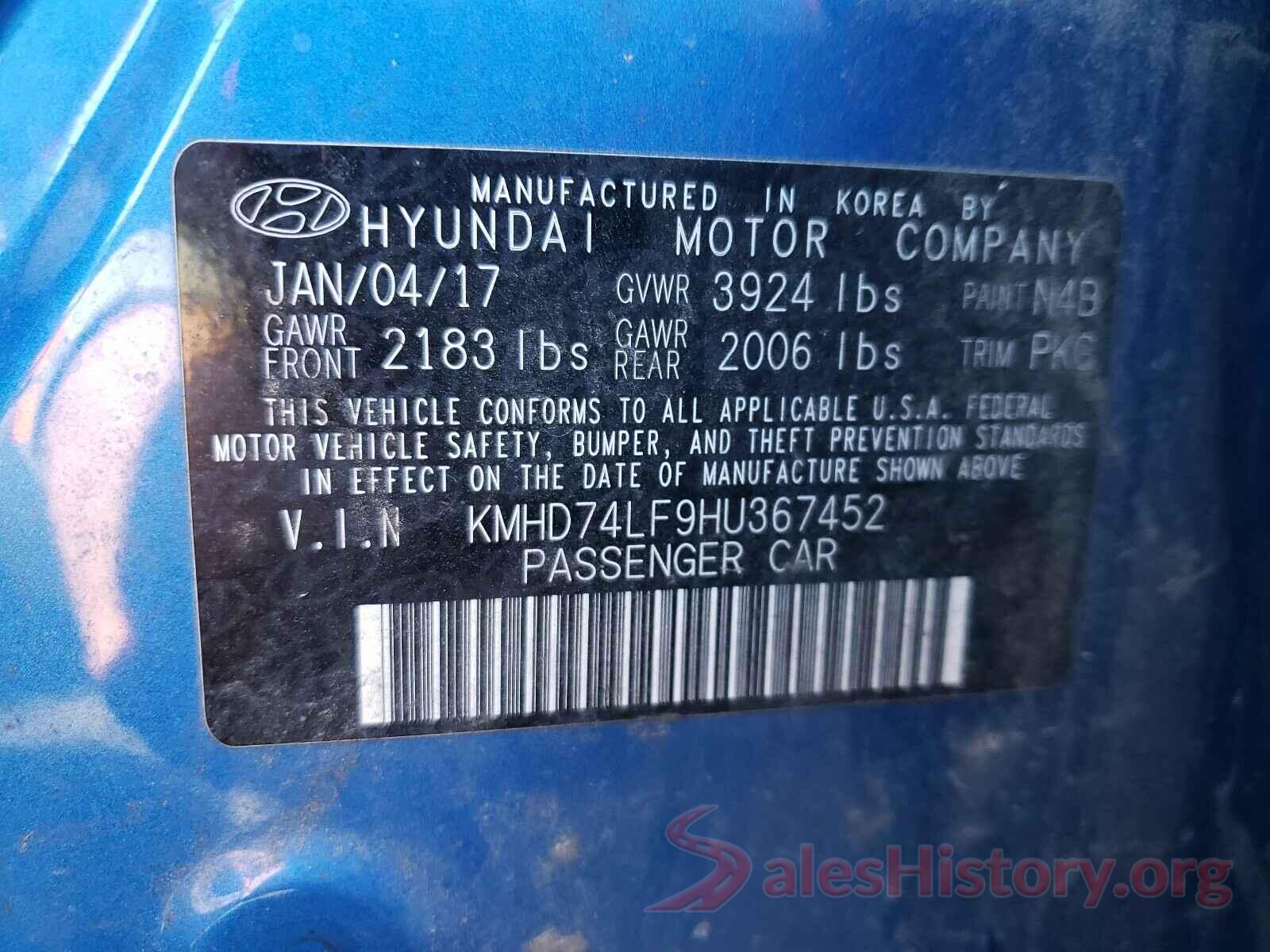 KMHD74LF9HU367452 2017 HYUNDAI ELANTRA